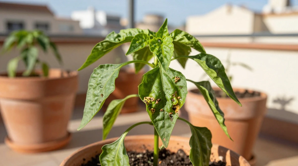 Planta de huerto urbano con hojas dañadas por plagas en una terraza
