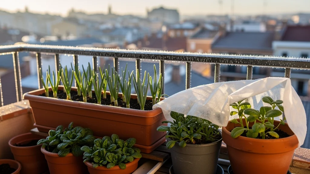 Macetas de invierno con ajos, habas y hojas verdes en un balcón urbano