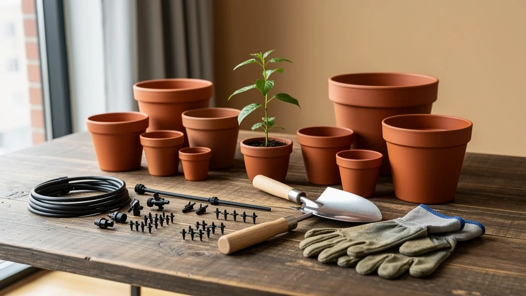 Comparativa de macetas, sistemas de riego y herramientas de jardinería sobre mesa de madera