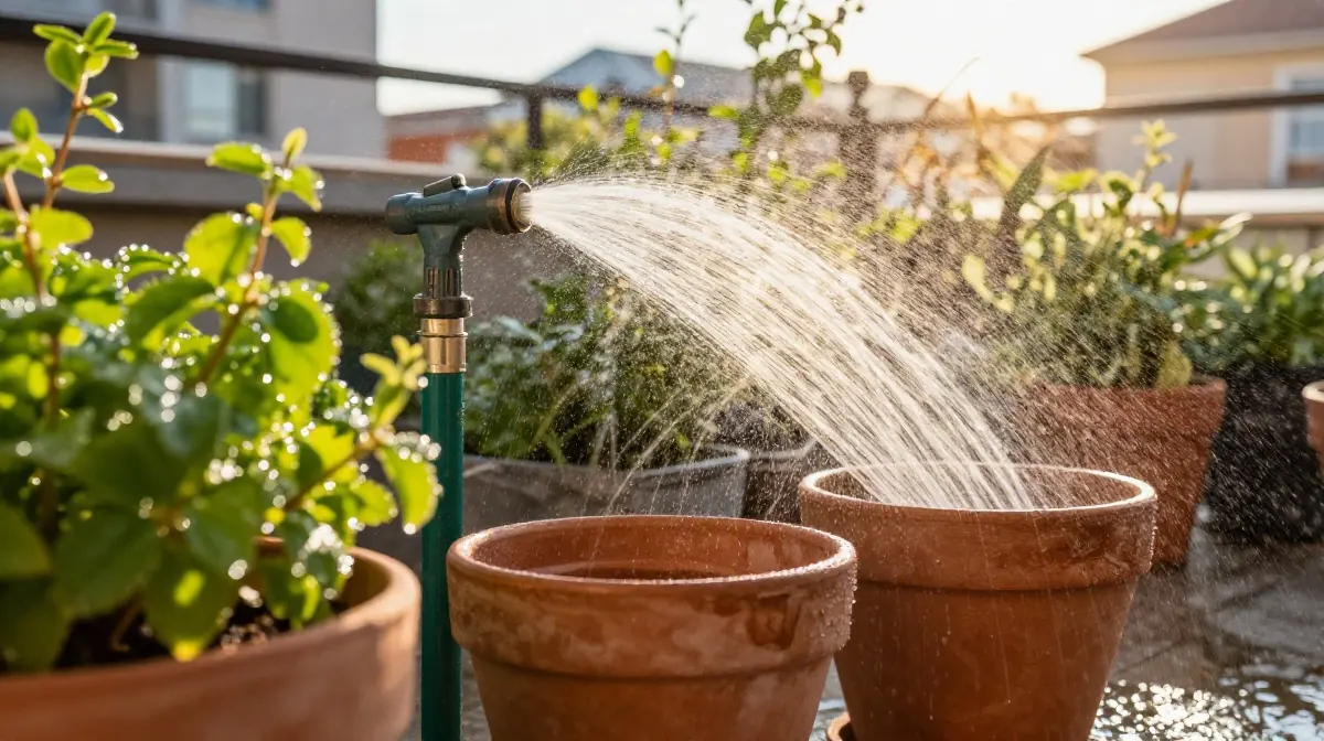 Sistema de riego por goteo en macetas de terraza para verano