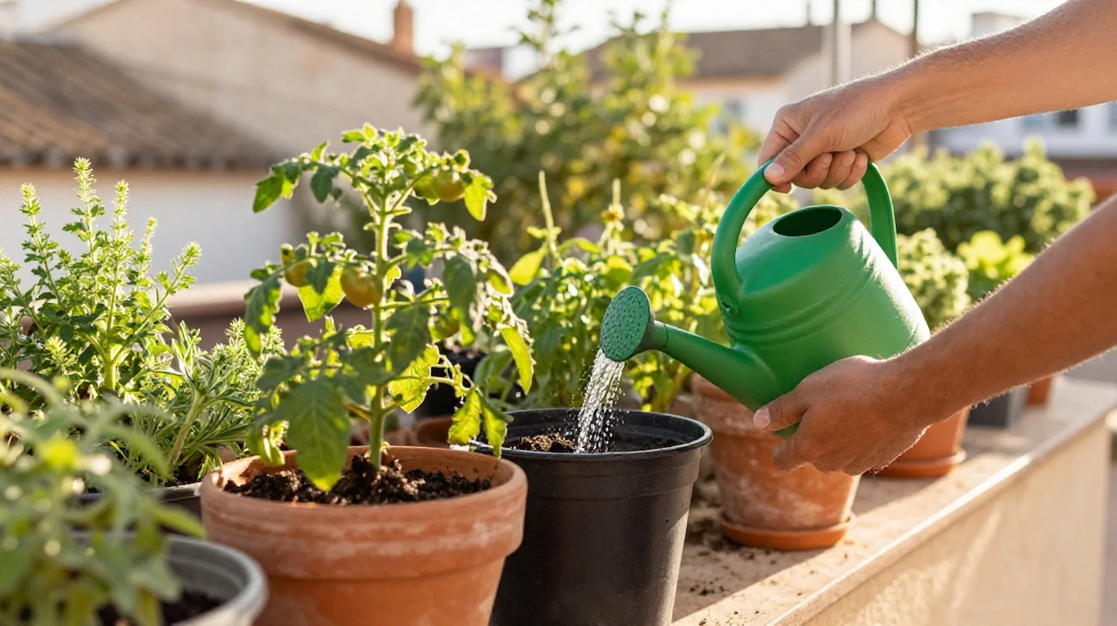 Persona regando un huerto urbano en terraza durante el verano