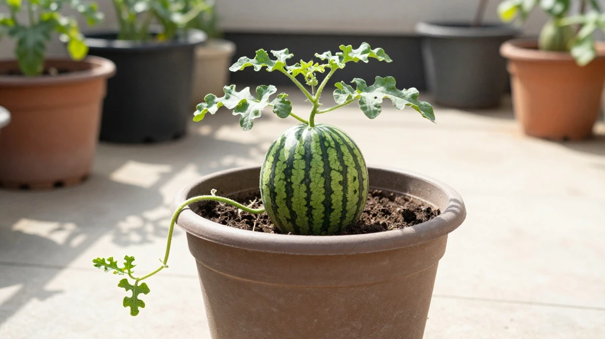 Sandía mini cultivada en maceta grande en terraza