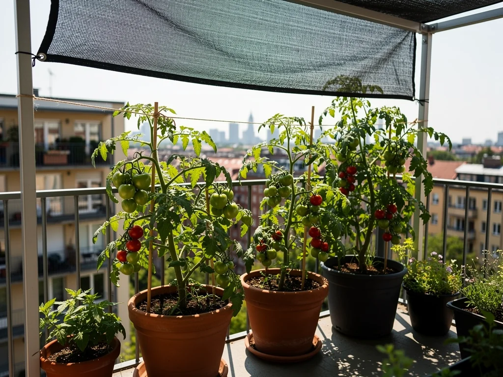 Tomateras protegidas con malla de sombreo en terraza