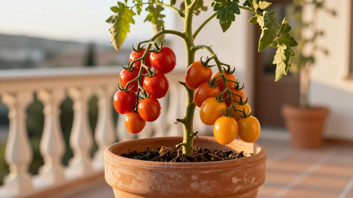 Tomates cherry maduros en maceta de terraza