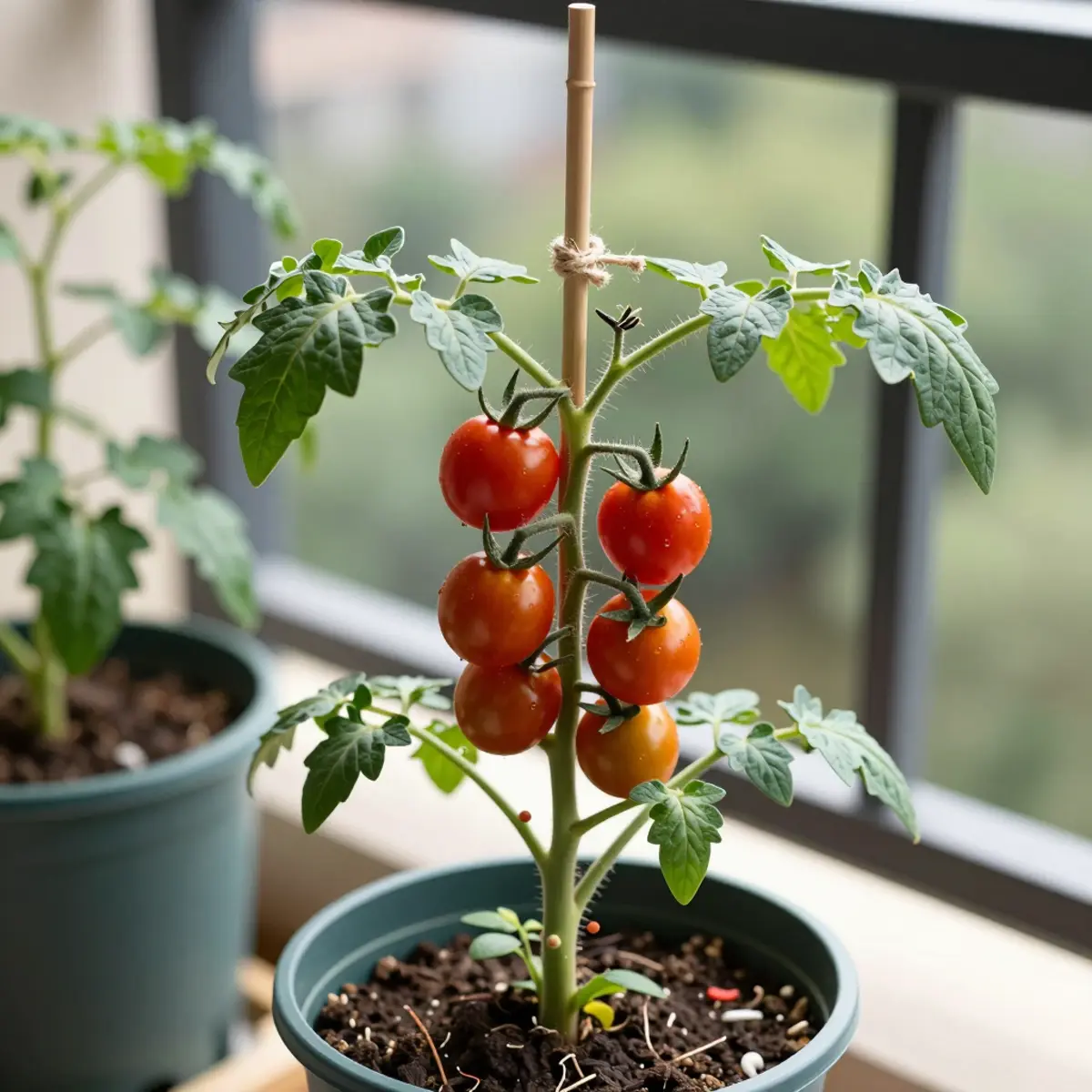 Planta de tomate cherry tutorizada en terraza