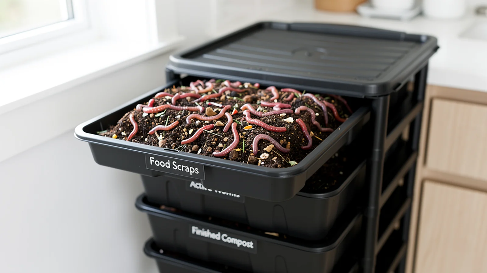 Sistema de vermicompostaje con lombrices rojas en una caja apilada, con restos de cocina y papel de cama en la bandeja superior