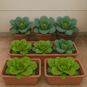 Cultivo de lechugas y coles de invierno en jardineras sobre un patio húmedo o jardín pequeño en enero