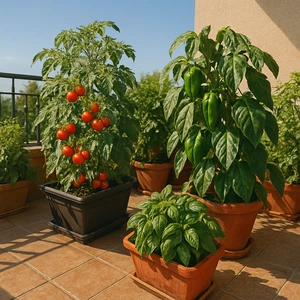 Azotea rústica con tomates maduros y cultivos en plena producción bajo el sol de julio