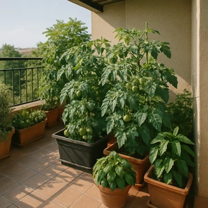 Terraza parcialmente sombreada con cultivos frondosos de tomates, albahaca y pimientos en junio