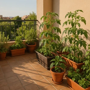 Tomateras y pimientos creciendo en macetas sobre una terraza abierta y luminosa en mayo