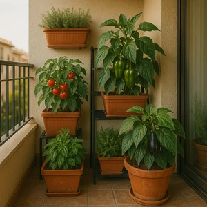 Balcón urbano estrecho con macetas verticales de pimientos, tomates y hierbas en septiembre