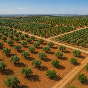 Cultivos de olivos y naranjos bajo cielo soleado en la zona mediterránea de España, como Valencia o Andalucía costera