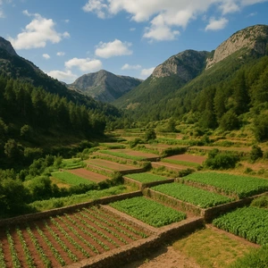 Paisaje montañoso con cultivos en terrazas en el interior norte de España, como León o Huesca