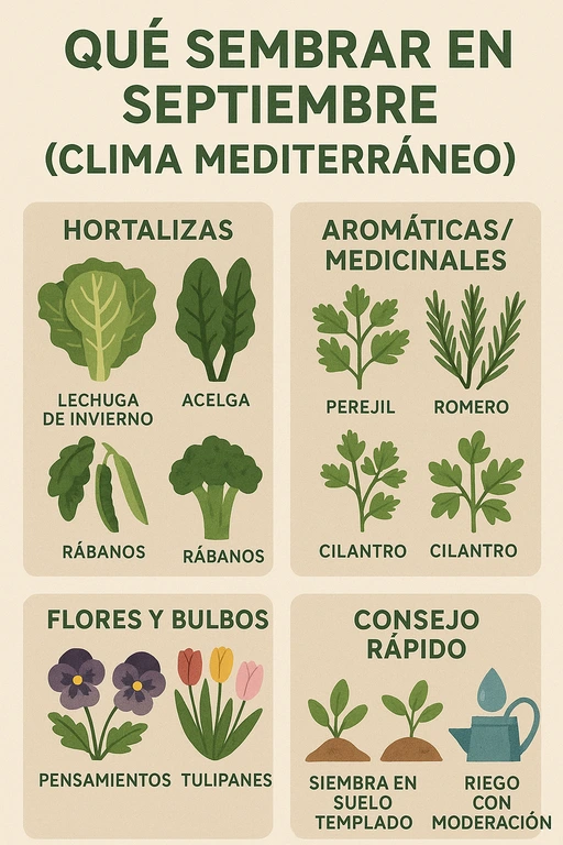 Infografía de qué sembrar en septiembre en clima mediterráneo